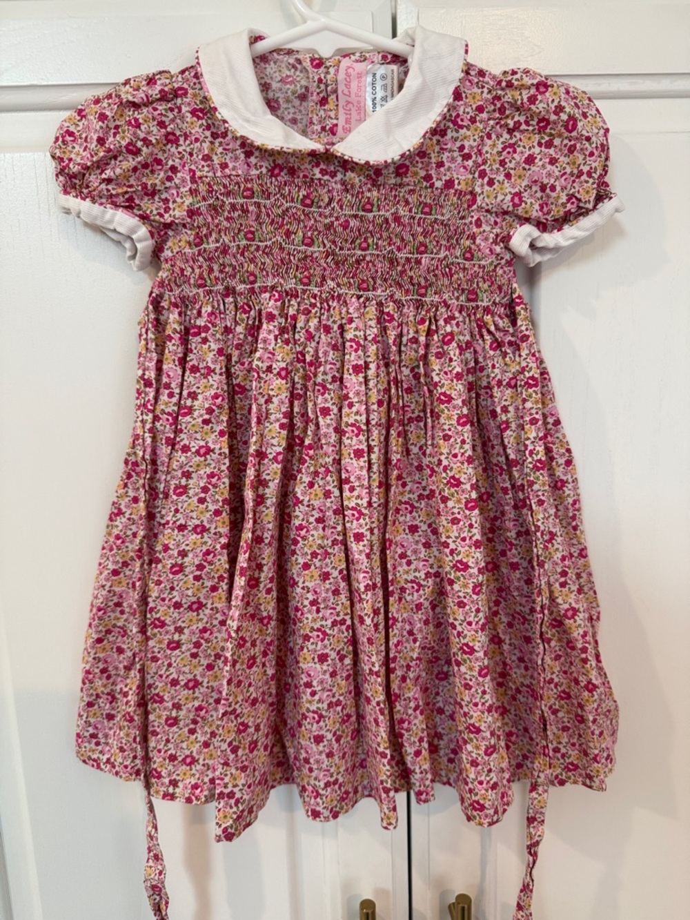 Girls' Pink Floral Smocked Casual Dress with Peter Pan Collar